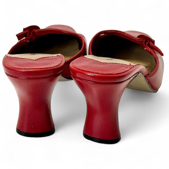 Ann Kristal Red Leather Mules Heels 6M Buckle Vamp 2.5” Retro Y2K Block Heel - Picture 6 of 8